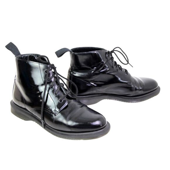 Dr. Martens SHINY BLACK LEATHER LOW HEEL LACE UP ROUND TOE ANKLE BOOTS Sz 7/38 - Picture 6 of 11